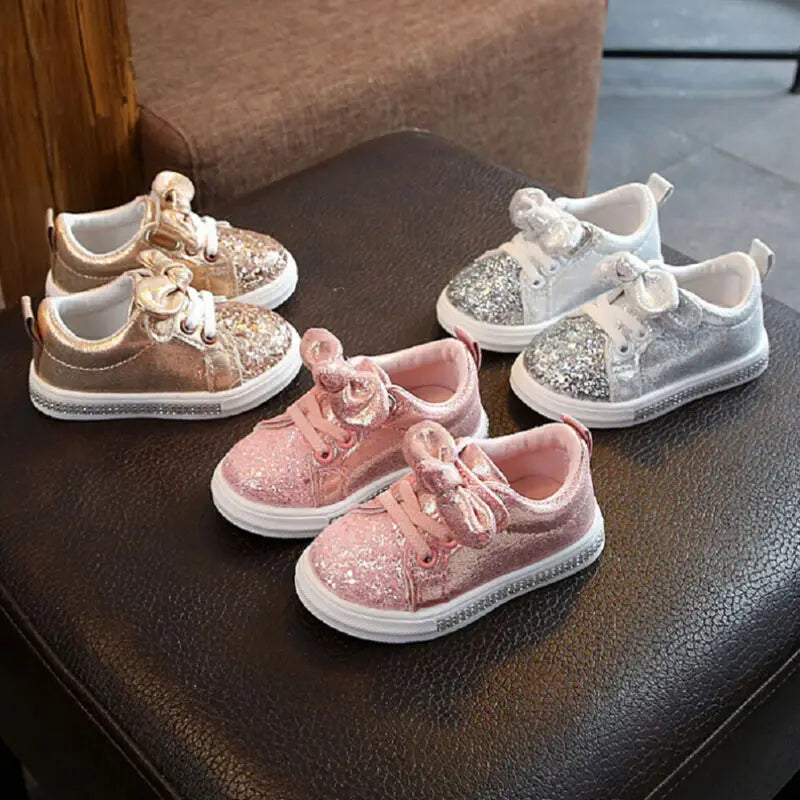 Lioraitiin Girls’ Soft Sole Sports Sneakers – Casual Kids’ Shoes with Sequins, Shiny Design & Cute Bowknot Accent
