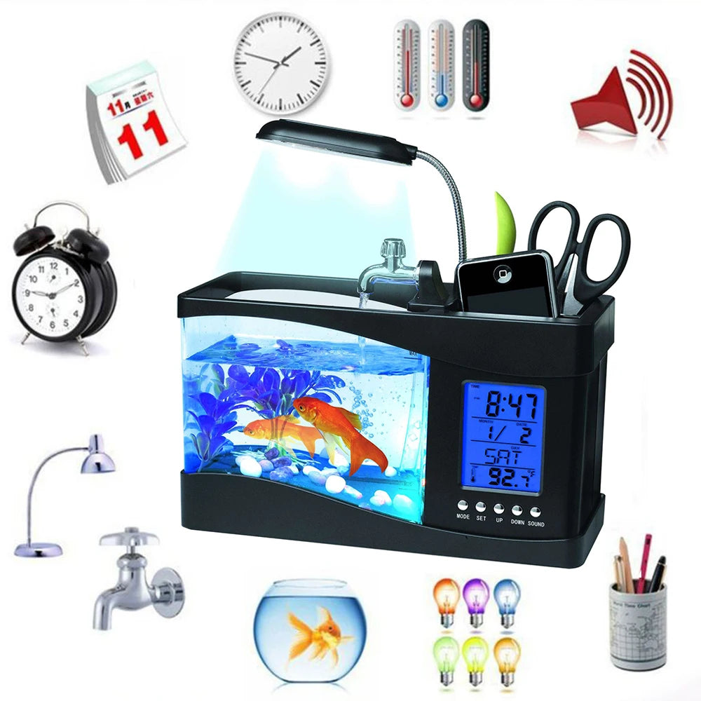 LED Mini Self-Cleaning Desktop Aquarium – Compact Fish Tank with Clock & Display Screen for Home/Office