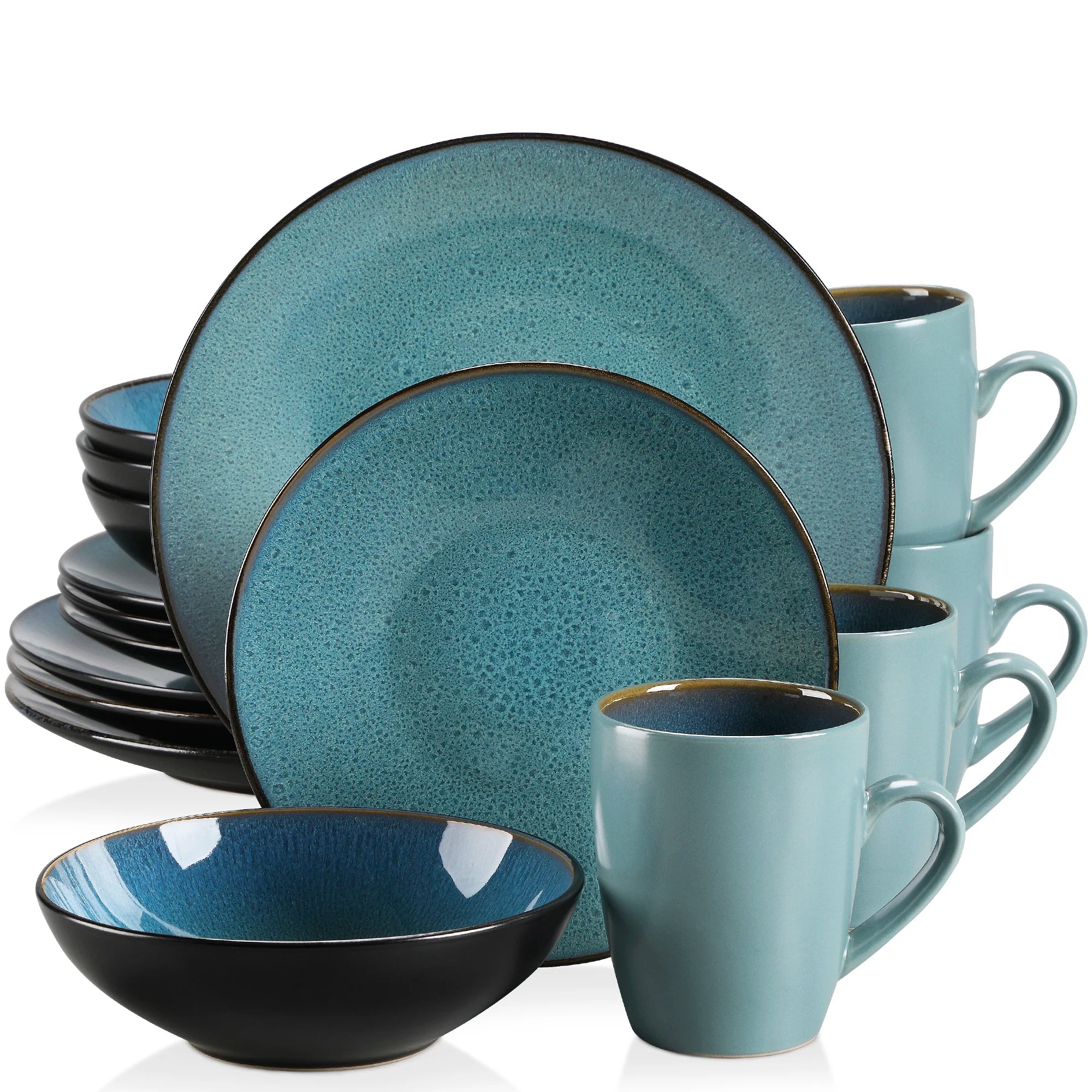 Vancasso Bubble 16/32/48-Piece Stoneware Tableware Set – Vintage Blue/Brown with Dinner Plates, Bowls & Coffee Cups