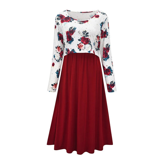 Women’s Printed Maternity Dress – Scoop Neck Pregnancy Clothes with Stylish Stitching, Multifunction Casual Outfit