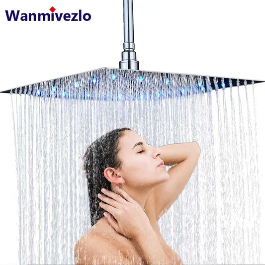 16″ Chrome LED Rainfall Shower Head – Ultrathin Square Top-Mount with Built-in Lighting