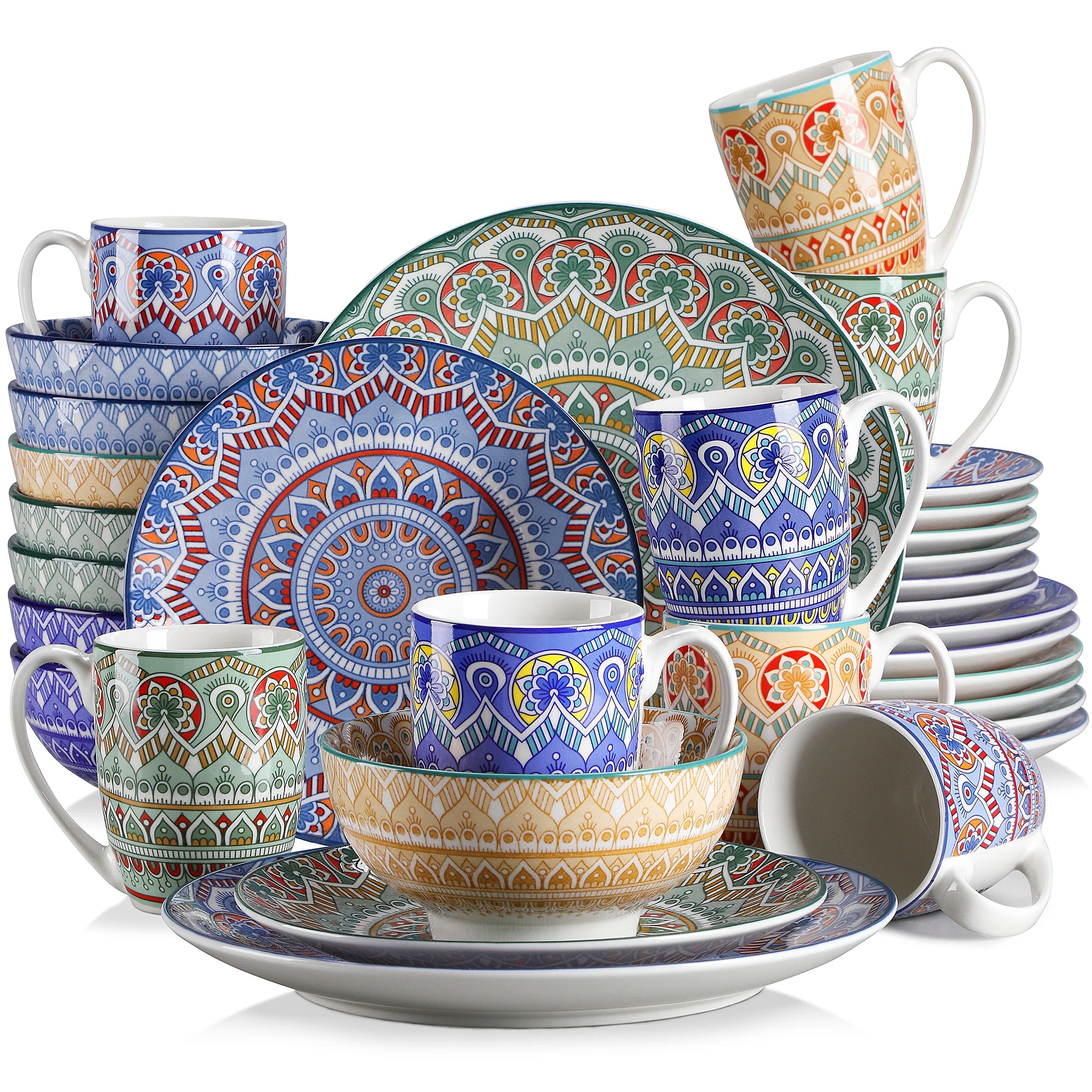 Vancasso Mandala 16/32/48-Piece Porcelain Dinnerware Set – Bohemian Mandala Pattern with Plates, Bowls & Mugs