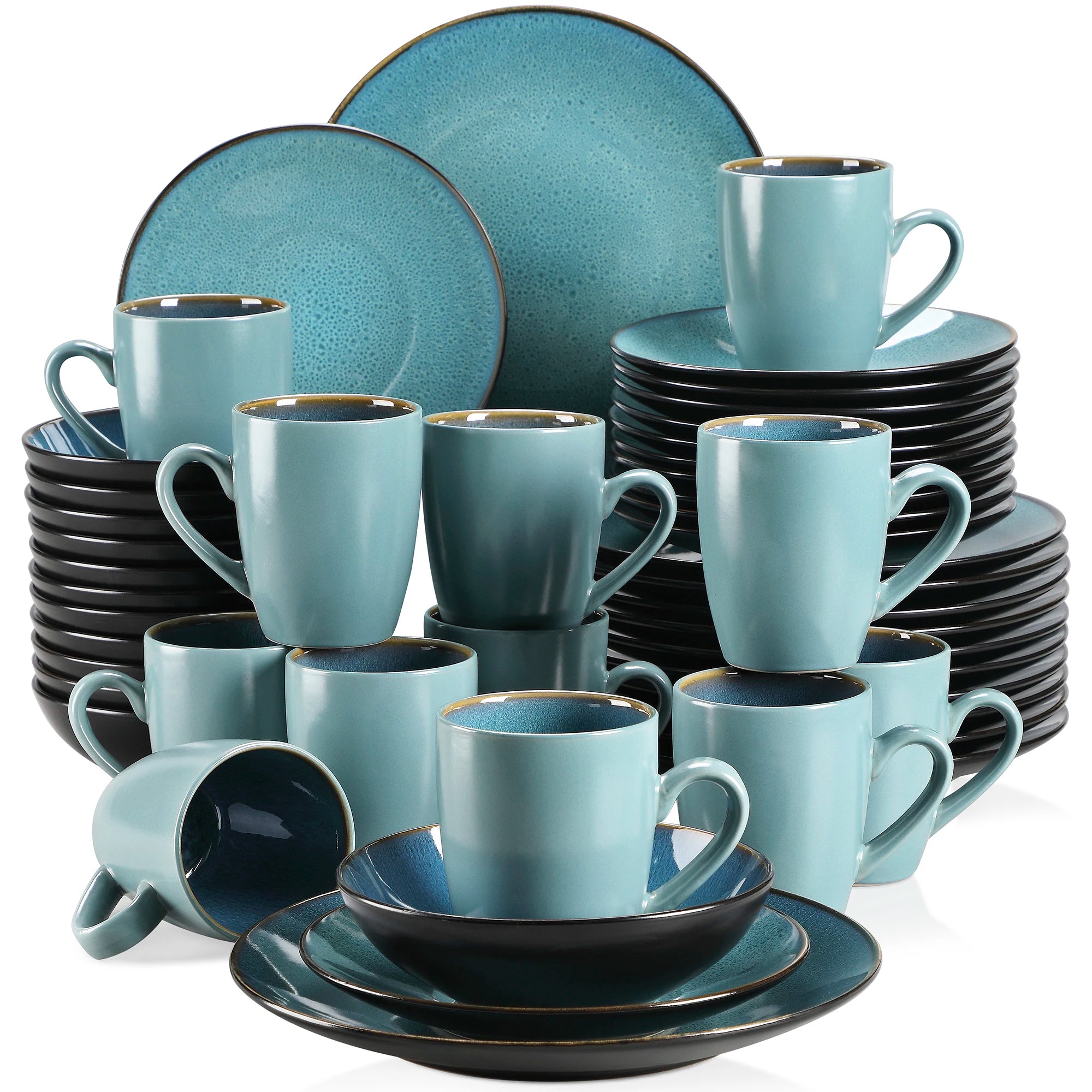 Vancasso Bubble 16/32/48-Piece Stoneware Tableware Set – Vintage Blue/Brown with Dinner Plates, Bowls & Coffee Cups