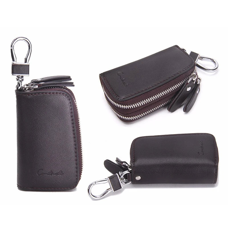 CONTACT’S Classic Double-Zip Genuine Leather Key Holder – Premium Cowhide Multifunction Car & Housekeeper Key Case for Men