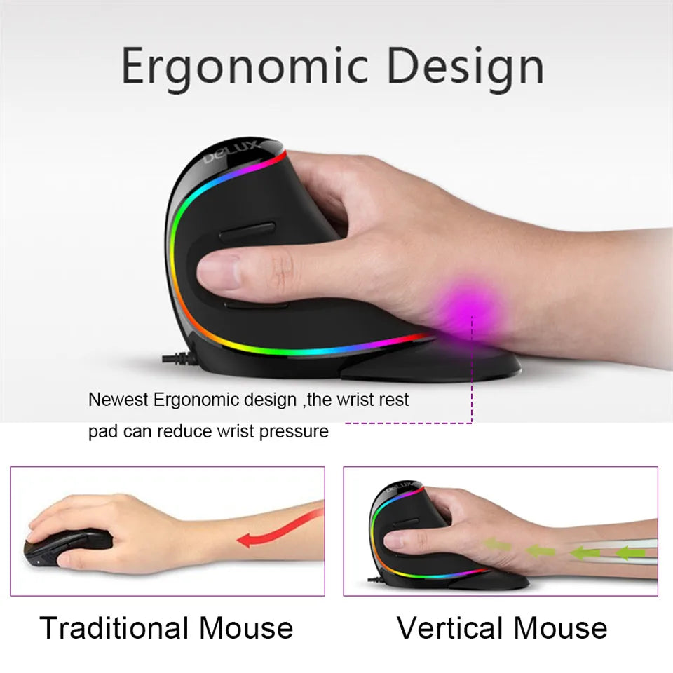 Delux M618 Plus Ergonomic Vertical Gaming Mouse – RGB Wired/Wireless Optical Mouse with 6 Buttons & 4000 DPI for PC & Laptop
