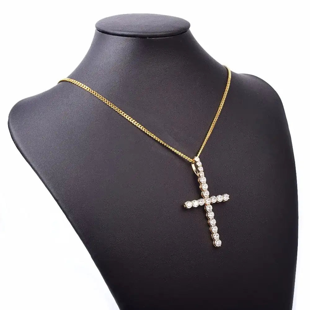 Zircon Cross Pendant Necklace – Gold-Color Copper Material, Hip-Hop Fashion Jewelry