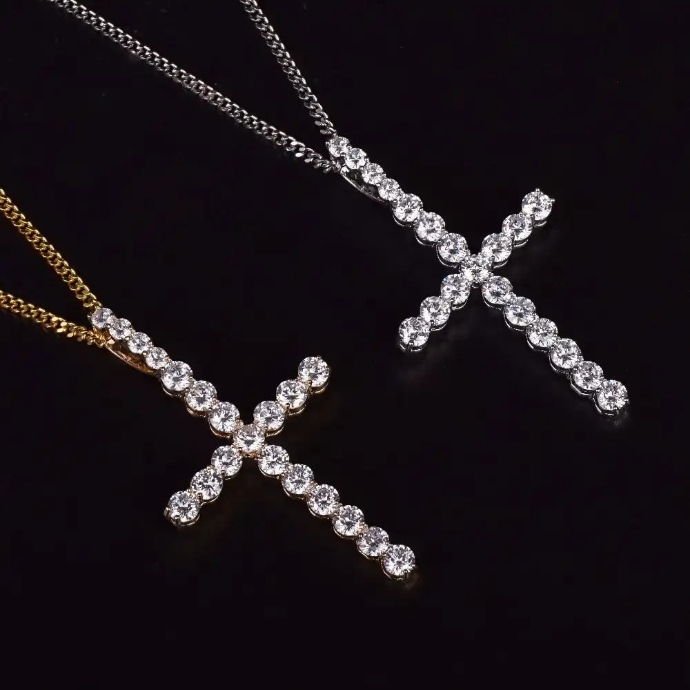 Zircon Cross Pendant Necklace – Gold-Color Copper Material, Hip-Hop Fashion Jewelry