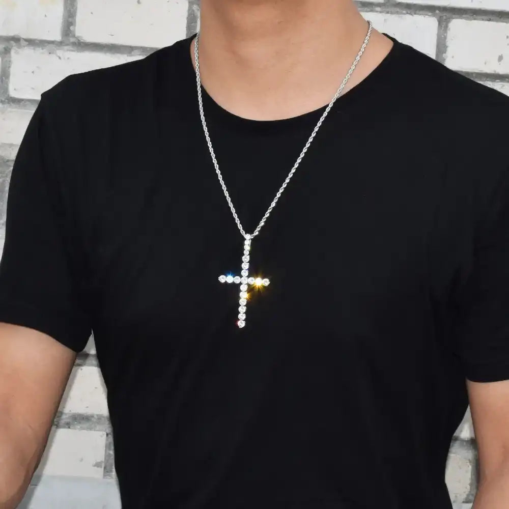 Zircon Cross Pendant Necklace – Gold-Color Copper Material, Hip-Hop Fashion Jewelry