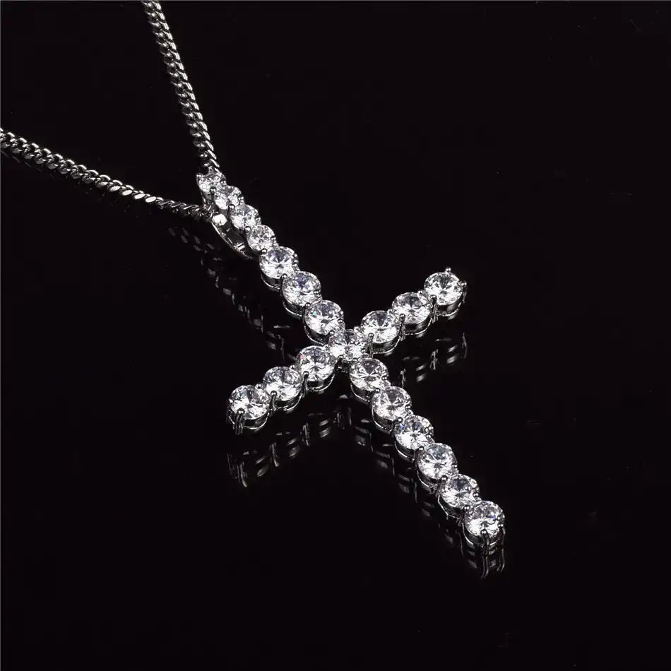 Zircon Cross Pendant Necklace – Gold-Color Copper Material, Hip-Hop Fashion Jewelry