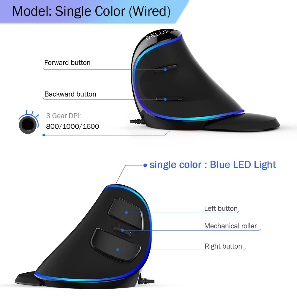 Delux M618 Plus Ergonomic Vertical Gaming Mouse – RGB Wired/Wireless Optical Mouse with 6 Buttons & 4000 DPI for PC & Laptop