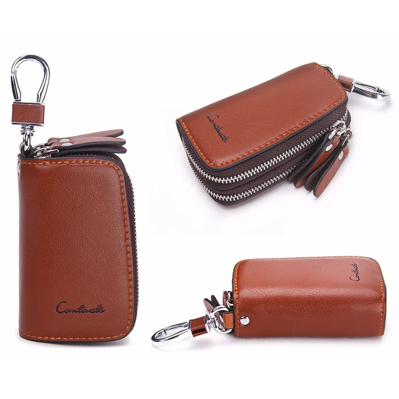 CONTACT’S Classic Double-Zip Genuine Leather Key Holder – Premium Cowhide Multifunction Car & Housekeeper Key Case for Men