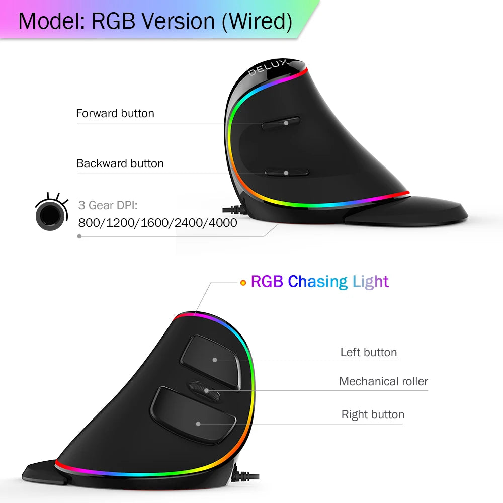 Delux M618 Plus Ergonomic Vertical Gaming Mouse – RGB Wired/Wireless Optical Mouse with 6 Buttons & 4000 DPI for PC & Laptop
