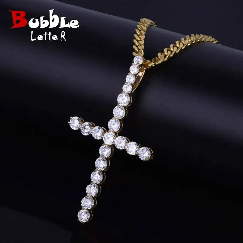 Zircon Cross Pendant Necklace – Gold-Color Copper Material, Hip-Hop Fashion Jewelry