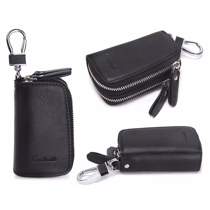 CONTACT’S Classic Double-Zip Genuine Leather Key Holder – Premium Cowhide Multifunction Car & Housekeeper Key Case for Men