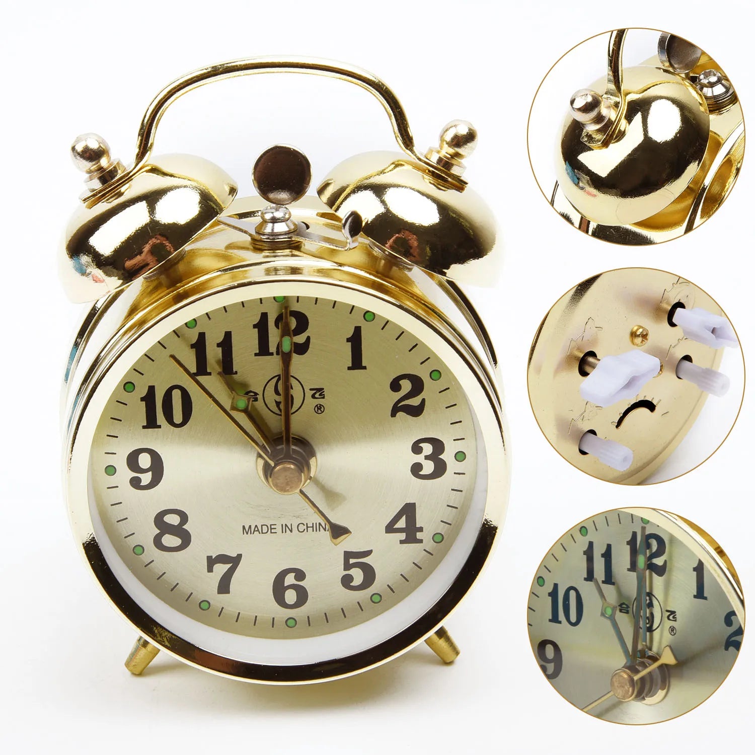 Gold Mechanical Alarm Clock – Vintage Metal Wind-Up Table Clock with Snooze Function & Retro Design