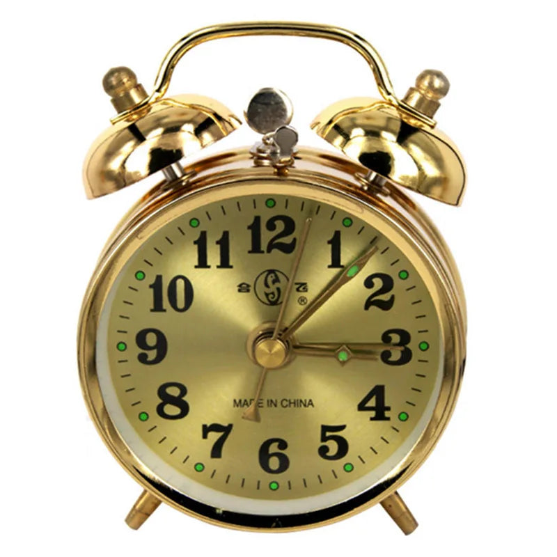 Gold Mechanical Alarm Clock – Vintage Metal Wind-Up Table Clock with Snooze Function & Retro Design