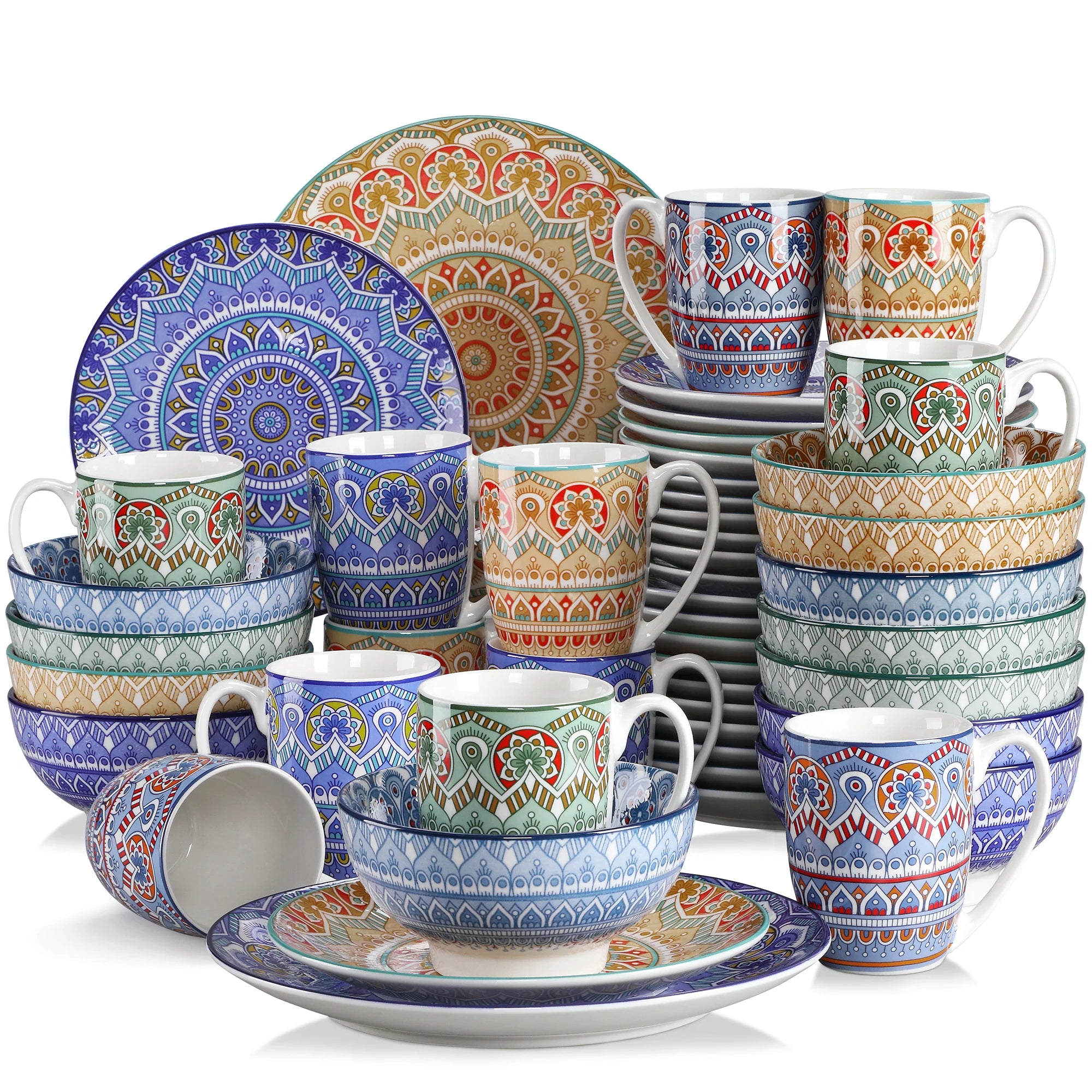 Vancasso Mandala 16/32/48-Piece Porcelain Dinnerware Set – Bohemian Mandala Pattern with Plates, Bowls & Mugs