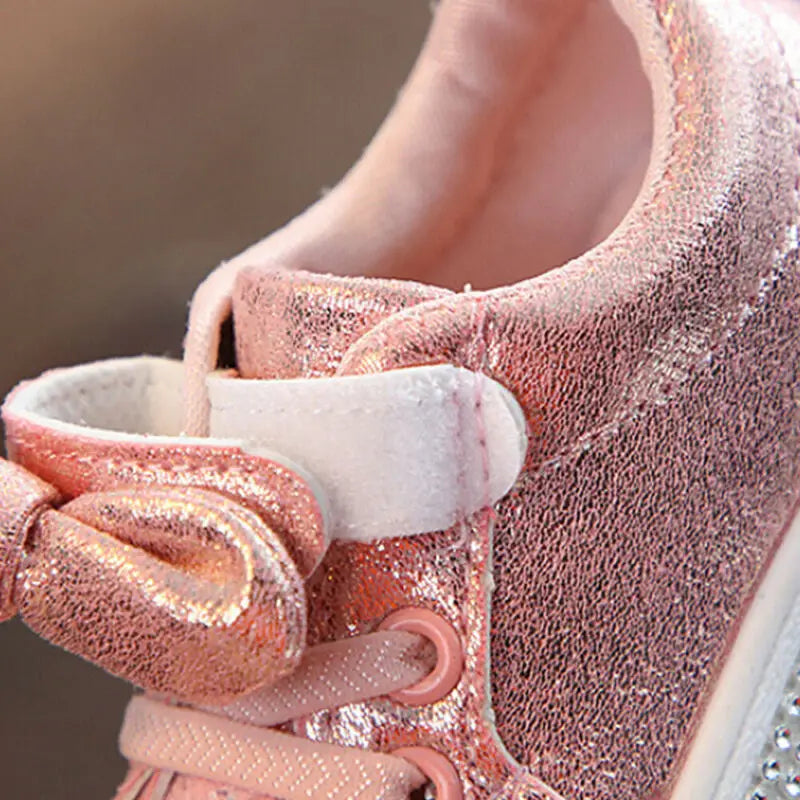 Lioraitiin Girls’ Soft Sole Sports Sneakers – Casual Kids’ Shoes with Sequins, Shiny Design & Cute Bowknot Accent