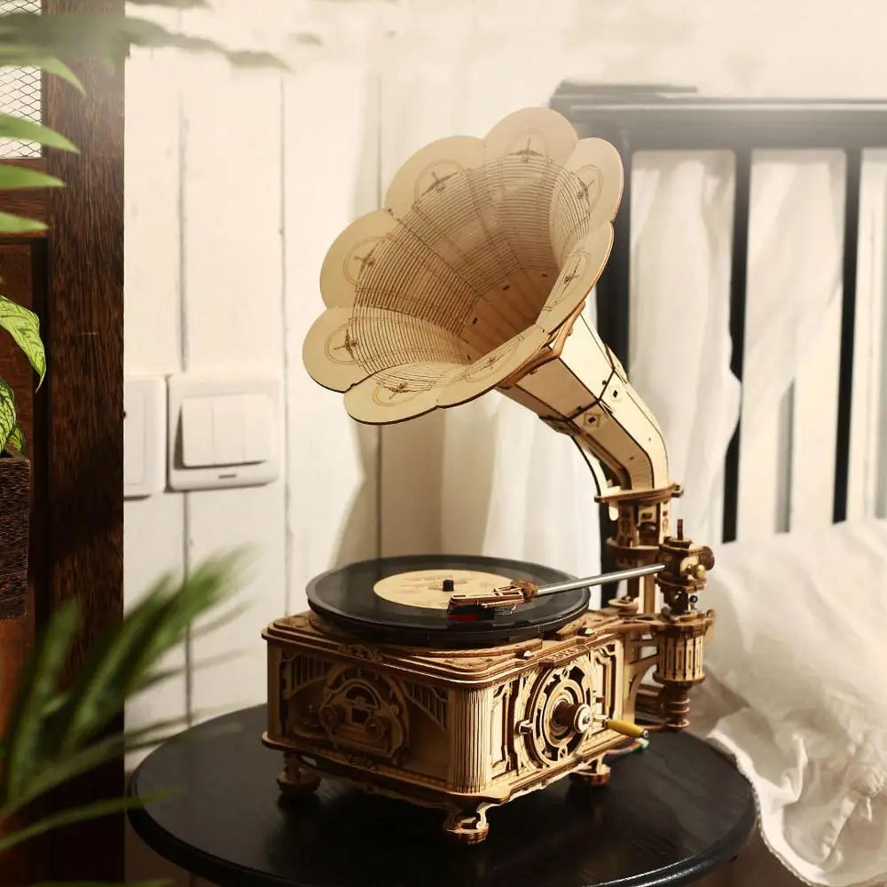 “Robotime Hand-Crank Classic Gramophone – 424PCS 3D Wooden Puzzle Music Model Kit for Adults & Kids”