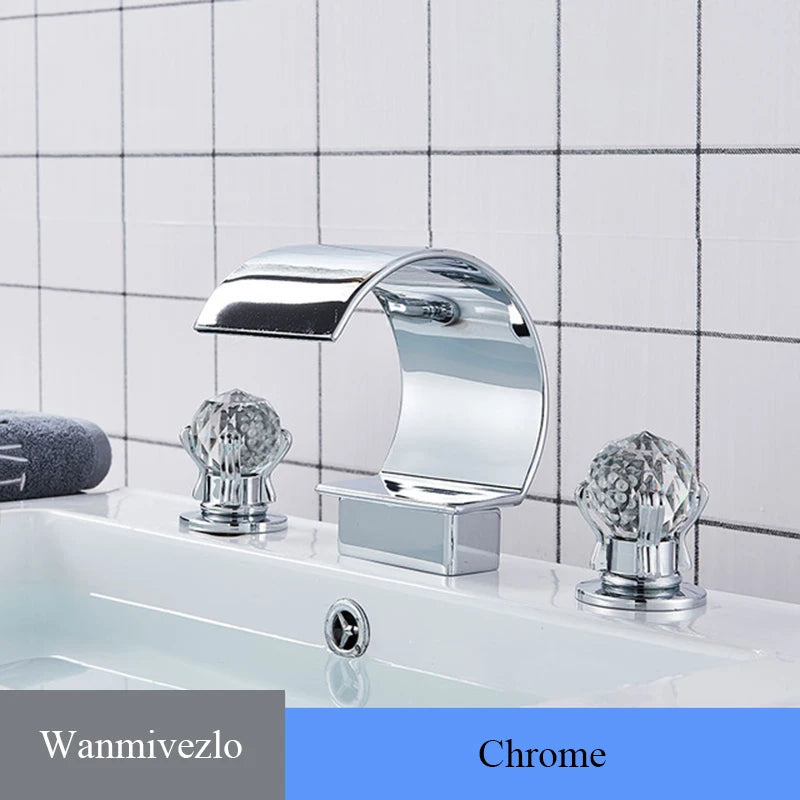 White Waterfall Bathroom Basin Faucet with Hot/Cold Mixer — Deck-Mount Single/Three Hole Water Tap