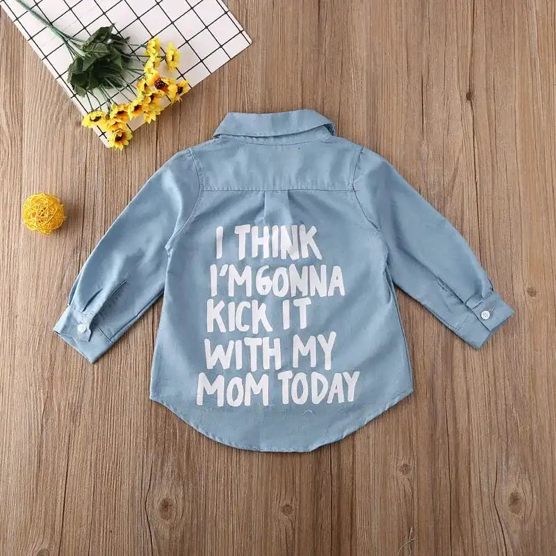 Toddler Girls’ Autumn Denim Shirt Jacket – Long Sleeve Letter Print Casual Top