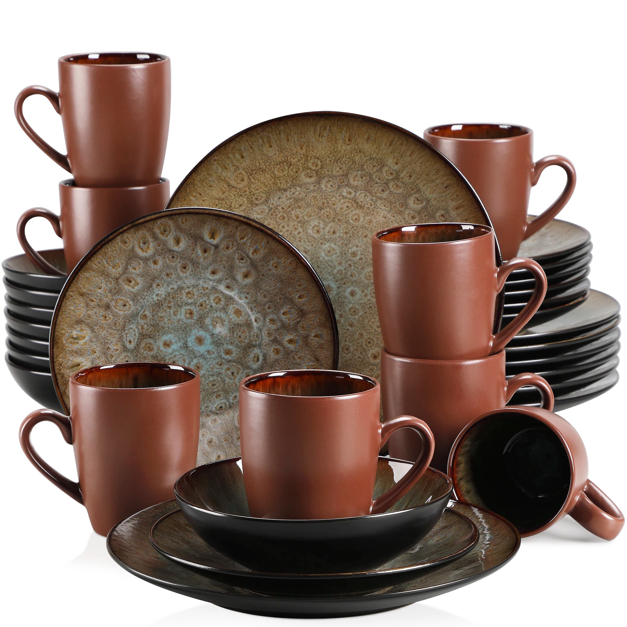 Vancasso Bubble 16/32/48-Piece Stoneware Tableware Set – Vintage Blue/Brown with Dinner Plates, Bowls & Coffee Cups