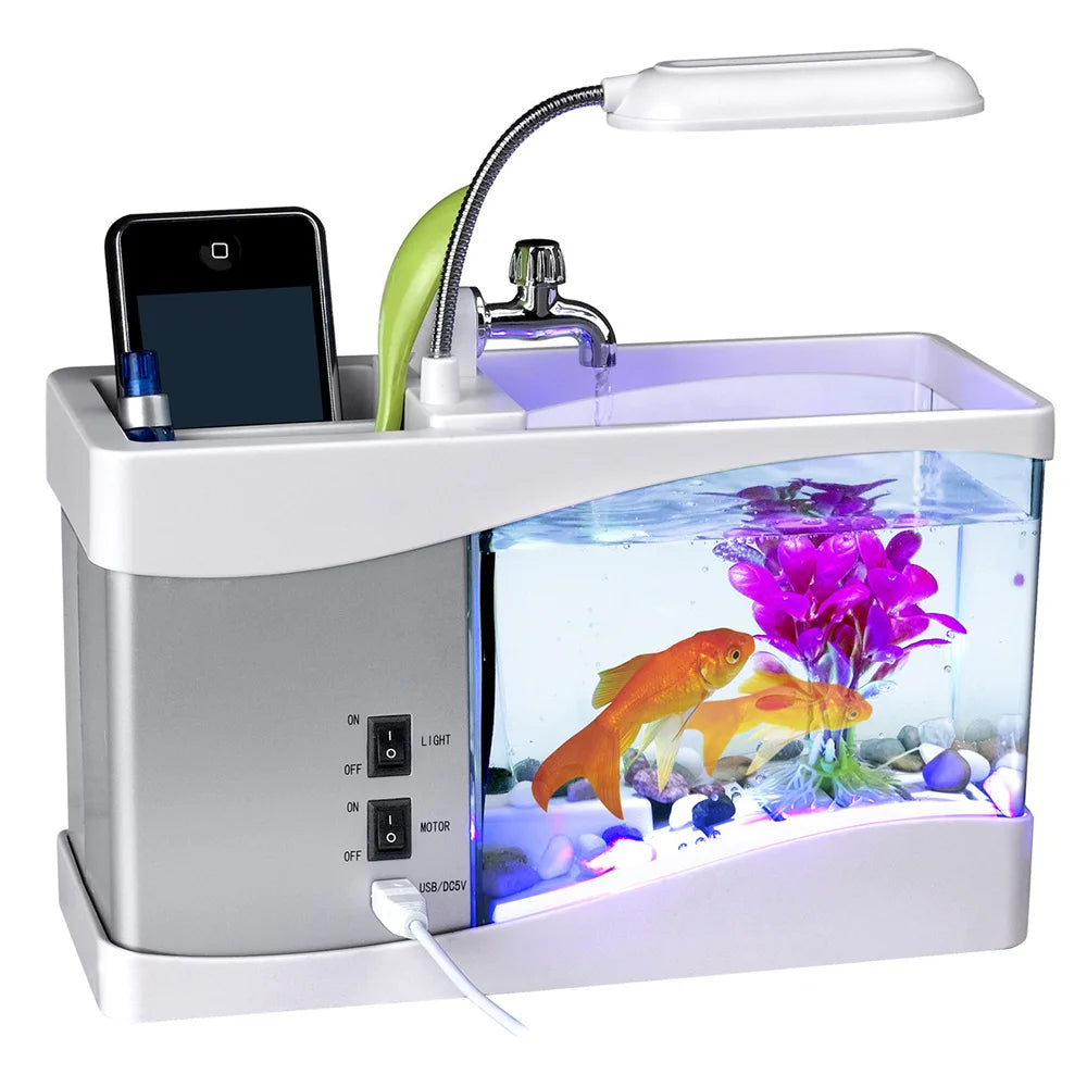 LED Mini Self-Cleaning Desktop Aquarium – Compact Fish Tank with Clock & Display Screen for Home/Office