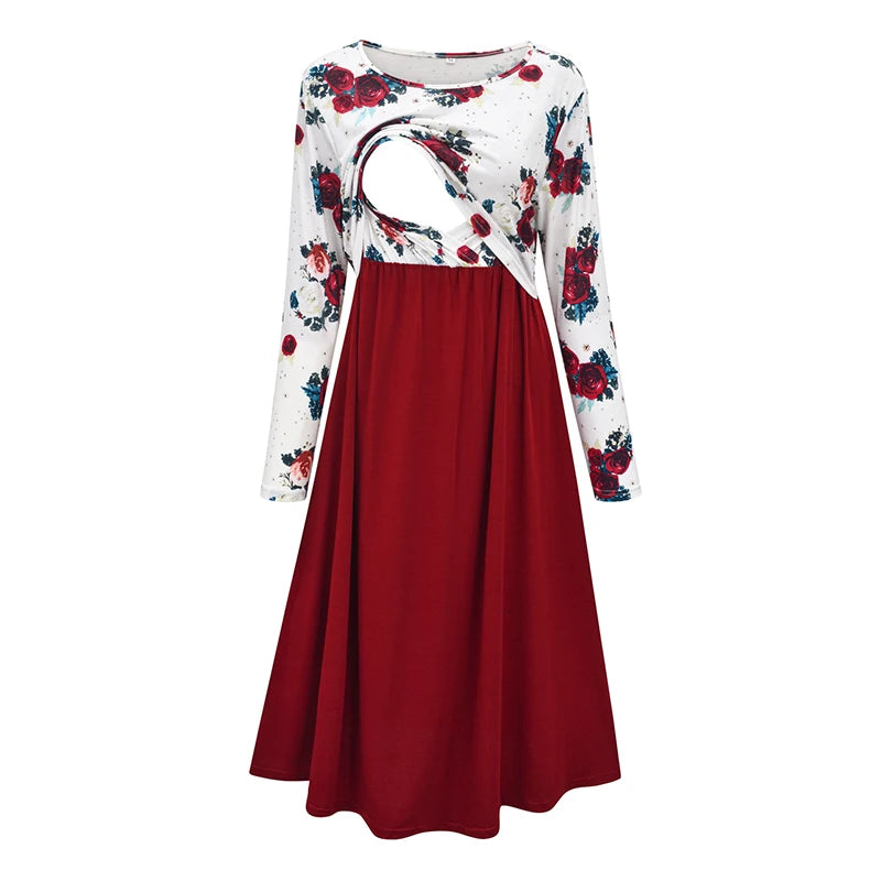 Women’s Printed Maternity Dress – Scoop Neck Pregnancy Clothes with Stylish Stitching, Multifunction Casual Outfit
