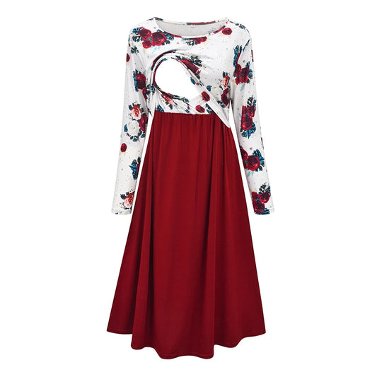 Women’s Printed Maternity Dress – Scoop Neck Pregnancy Clothes with Stylish Stitching, Multifunction Casual Outfit