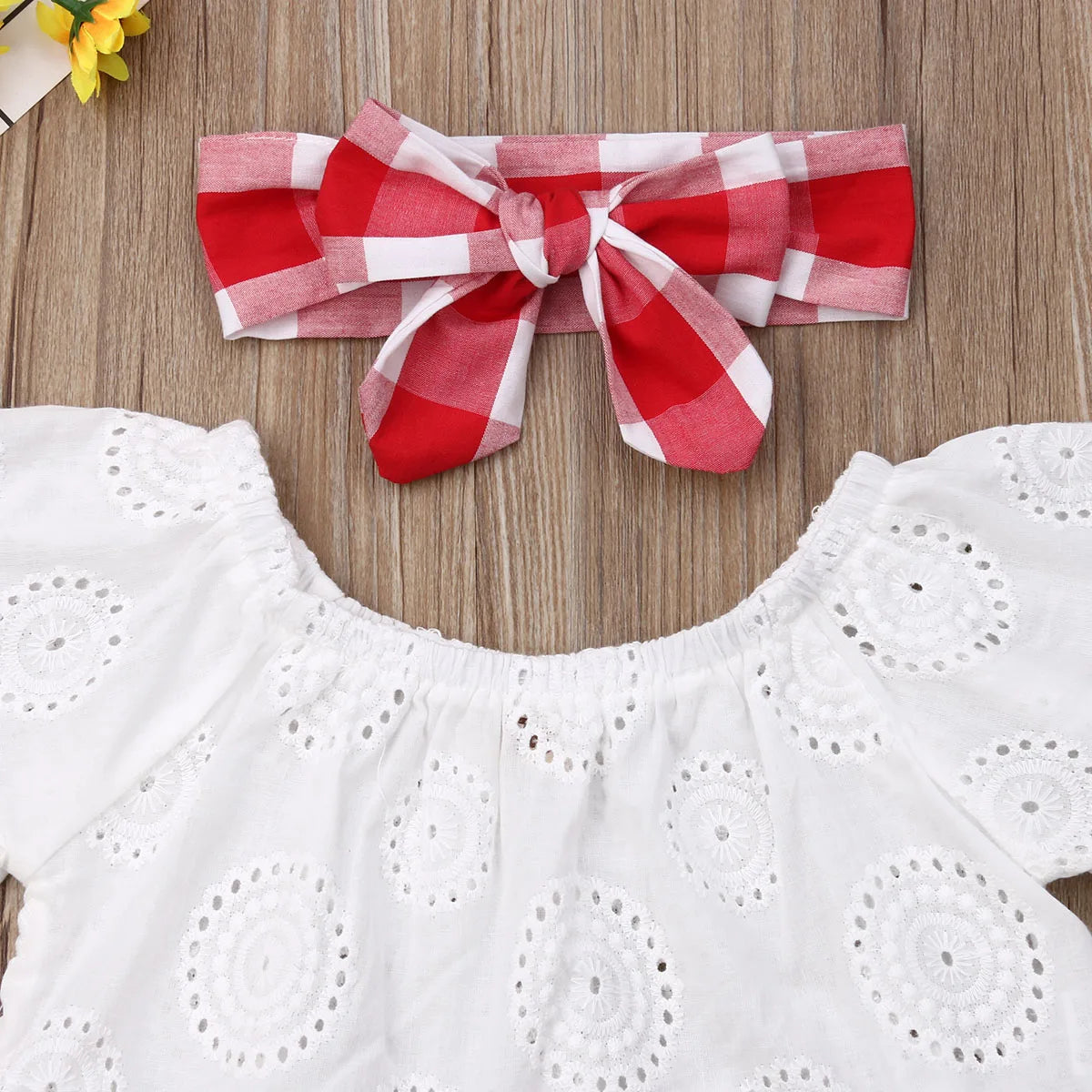 Lioraitiin 3-Piece Newborn Baby Girl Outfit – Off-Shoulder Lace Top, Red Plaid Shorts & Matching Headband (0–24M)