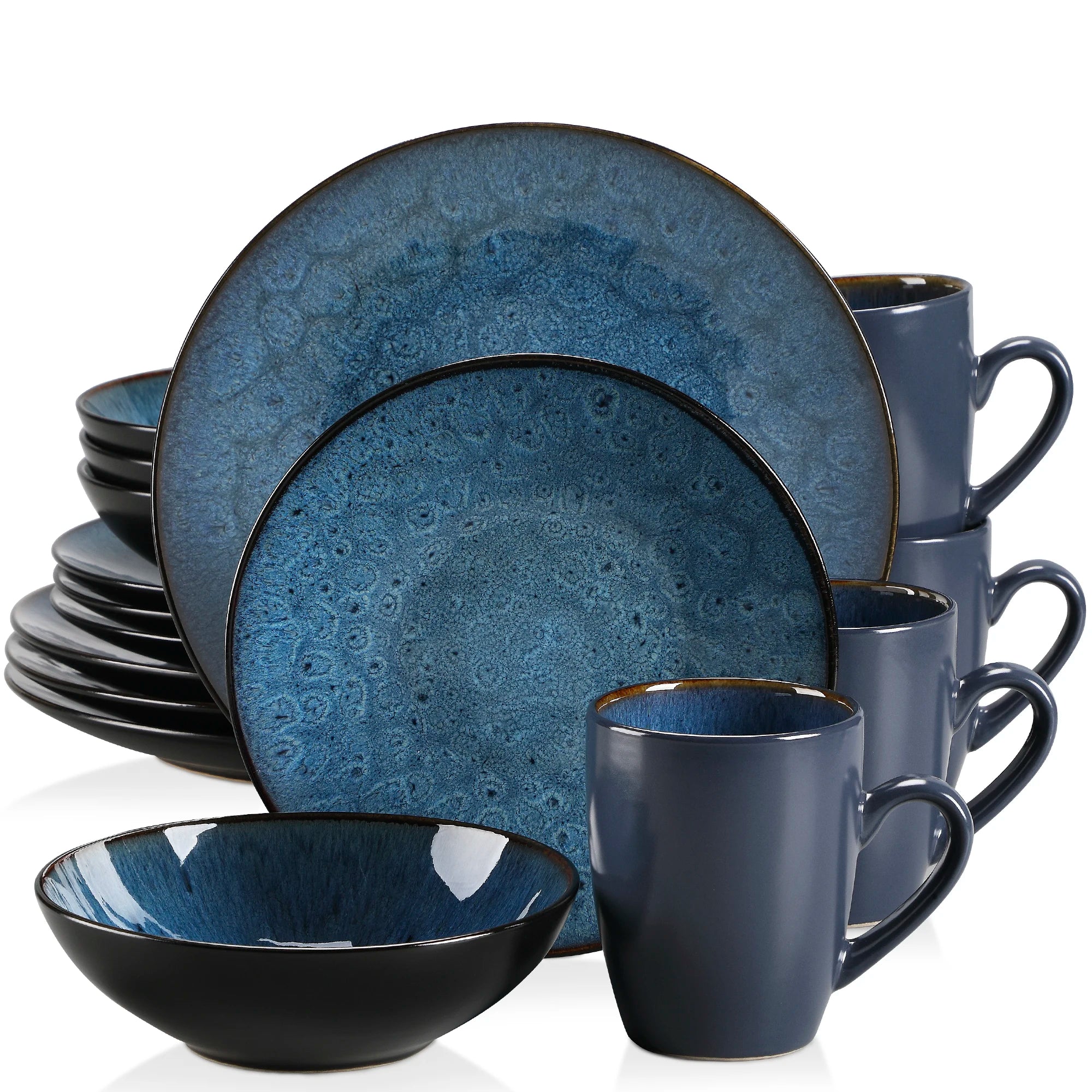 Vancasso Bubble 16/32/48-Piece Stoneware Tableware Set – Vintage Blue/Brown with Dinner Plates, Bowls & Coffee Cups