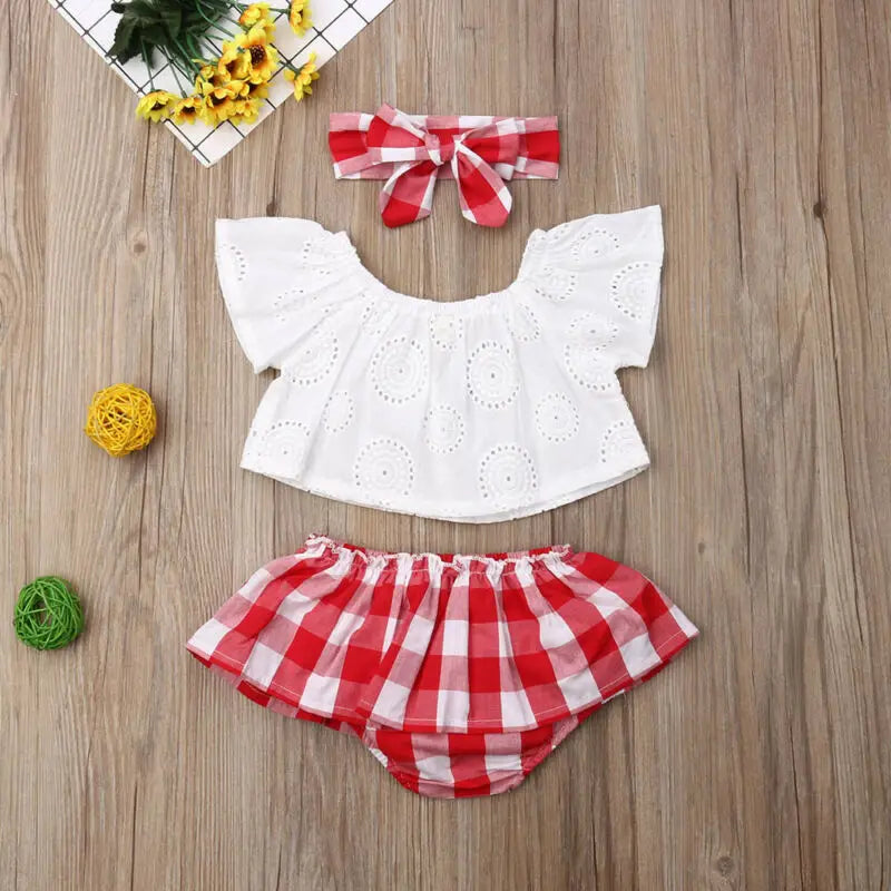 Lioraitiin 3-Piece Newborn Baby Girl Outfit – Off-Shoulder Lace Top, Red Plaid Shorts & Matching Headband (0–24M)