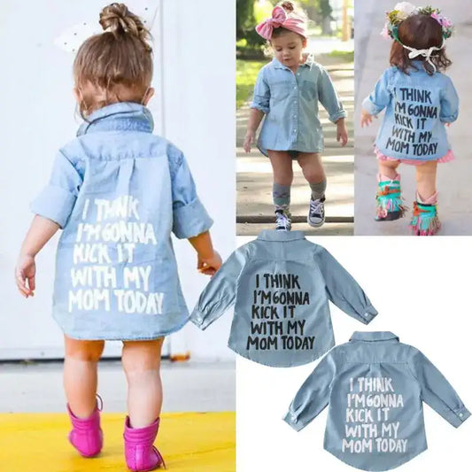 Toddler Girls’ Autumn Denim Shirt Jacket – Long Sleeve Letter Print Casual Top