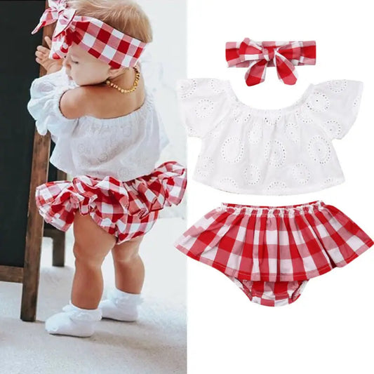 Lioraitiin 3-Piece Newborn Baby Girl Outfit – Off-Shoulder Lace Top, Red Plaid Shorts & Matching Headband (0–24M)
