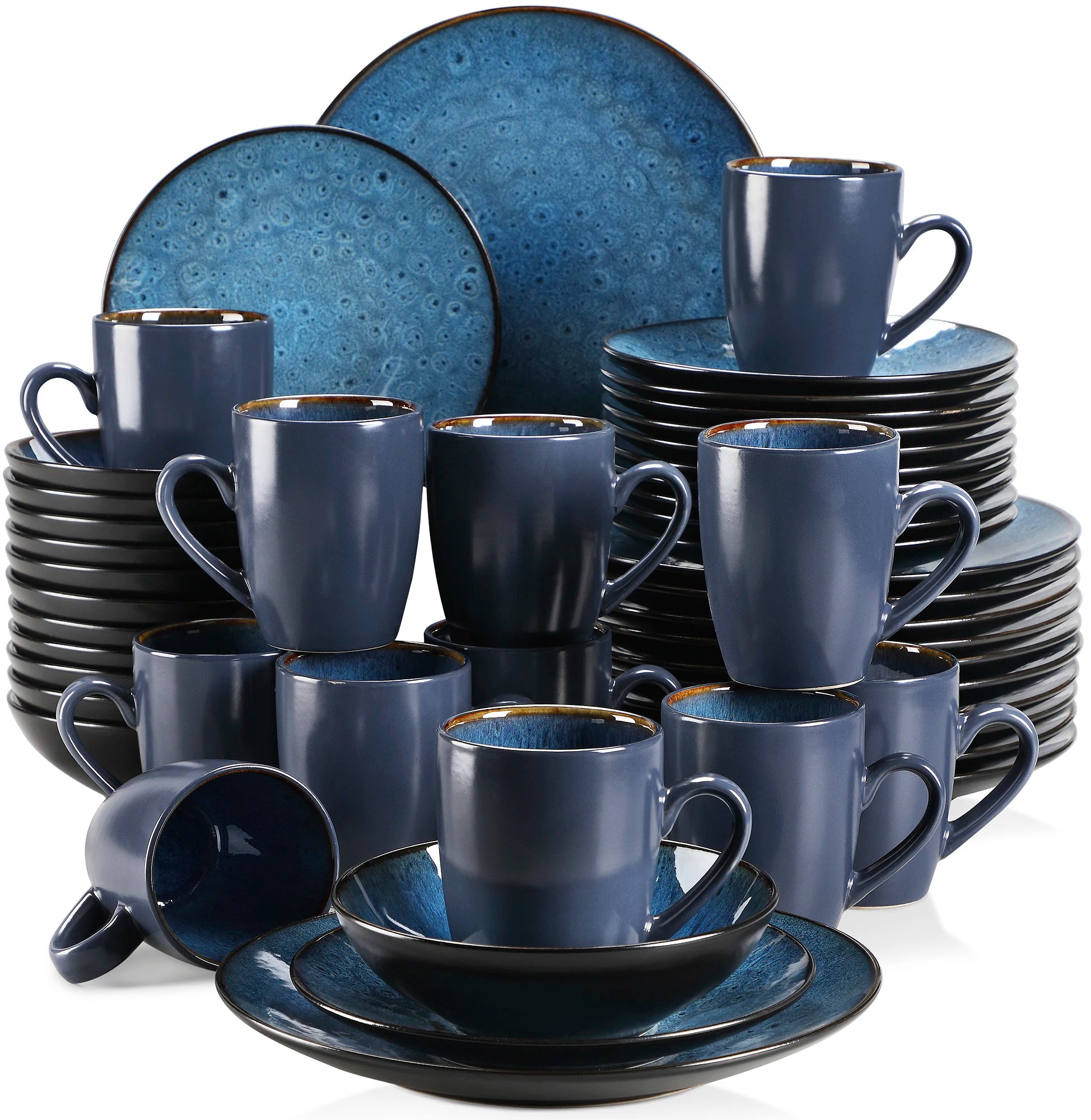 Vancasso Bubble 16/32/48-Piece Stoneware Tableware Set – Vintage Blue/Brown with Dinner Plates, Bowls & Coffee Cups