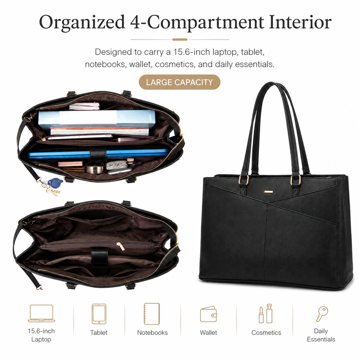 Women’s Waterproof Vegan Leather Laptop Tote Bag – 15.6-Inch Office & Business Work Handbag