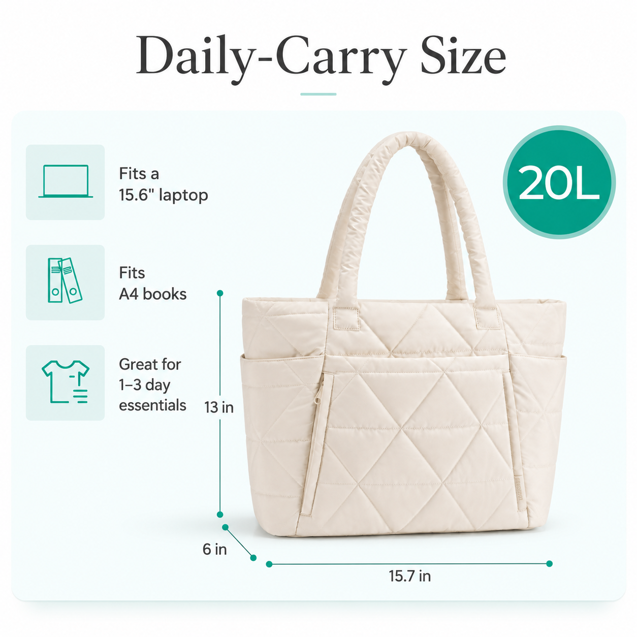 20L Quilted Puffy Tote Bag with 15.6-Inch Laptop Compartment