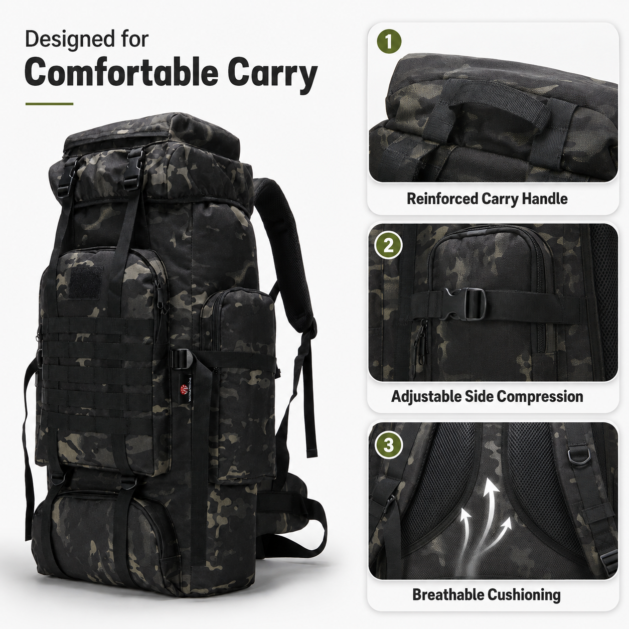 70L Tactical Hiking Backpack with Water-Repellent 900D Oxford Fabric