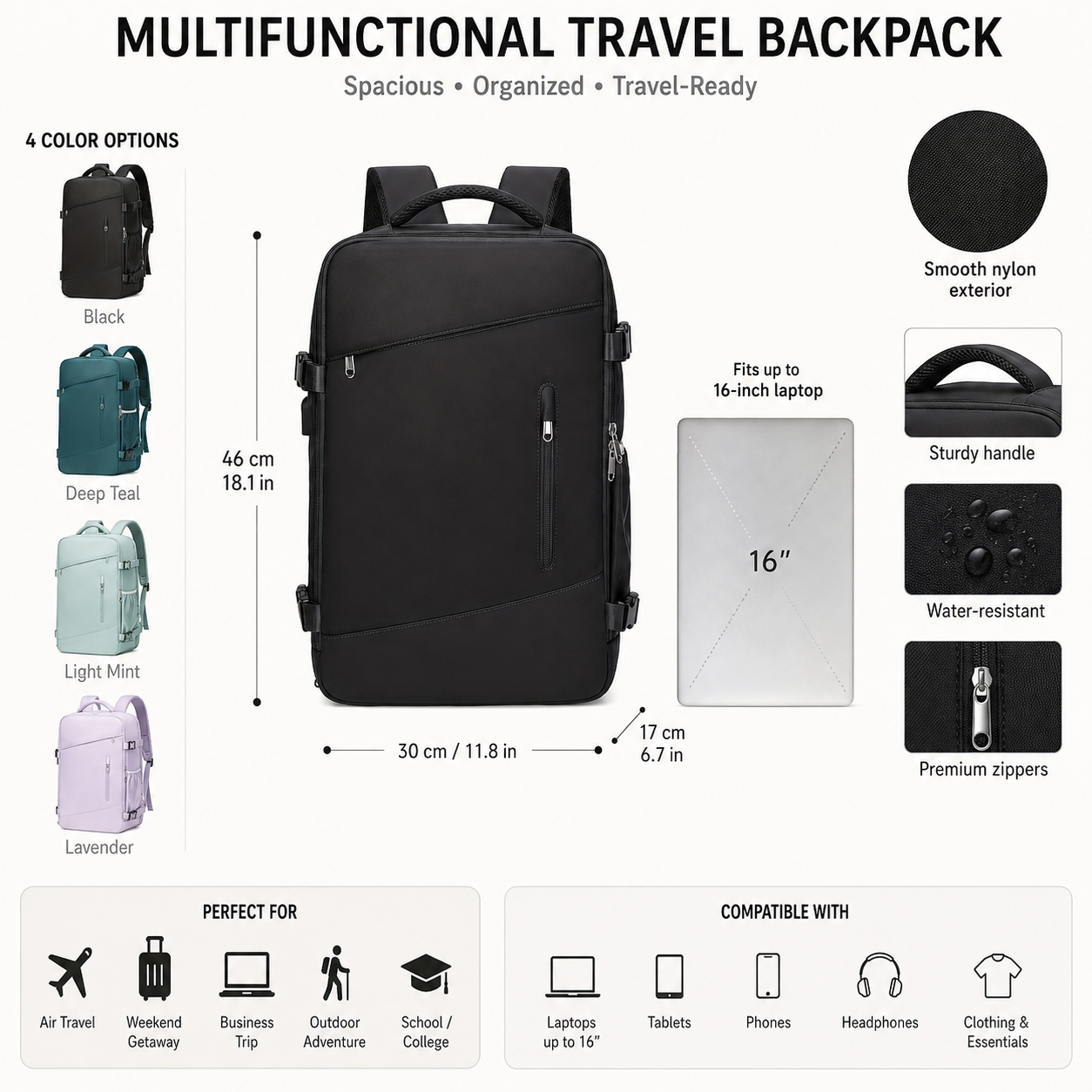 Premium Large Capacity Travel Backpack with 16-Inch Laptop Compartment