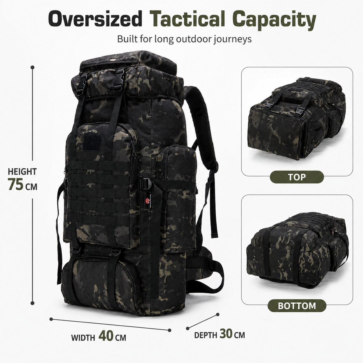 70L Tactical Hiking Backpack with Water-Repellent 900D Oxford Fabric