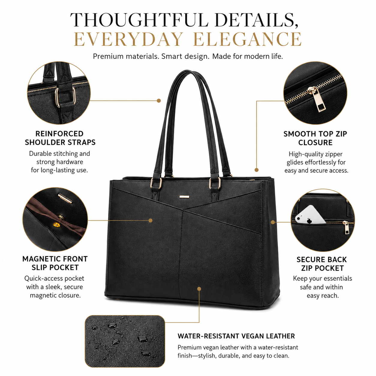 Women’s Waterproof Vegan Leather Laptop Tote Bag – 15.6-Inch Office & Business Work Handbag