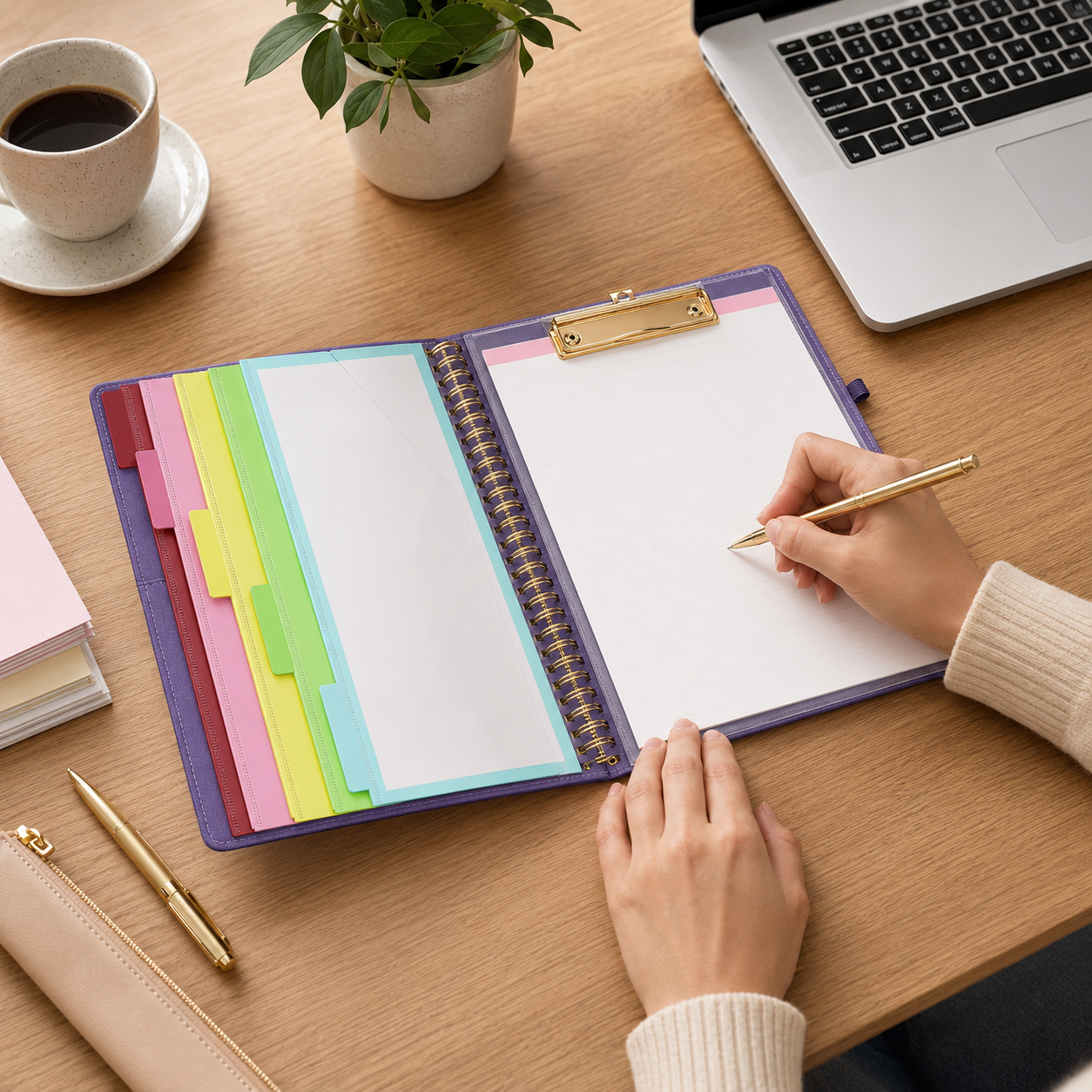 Purple Foldable Clipboard Folio with Pockets and Notepad