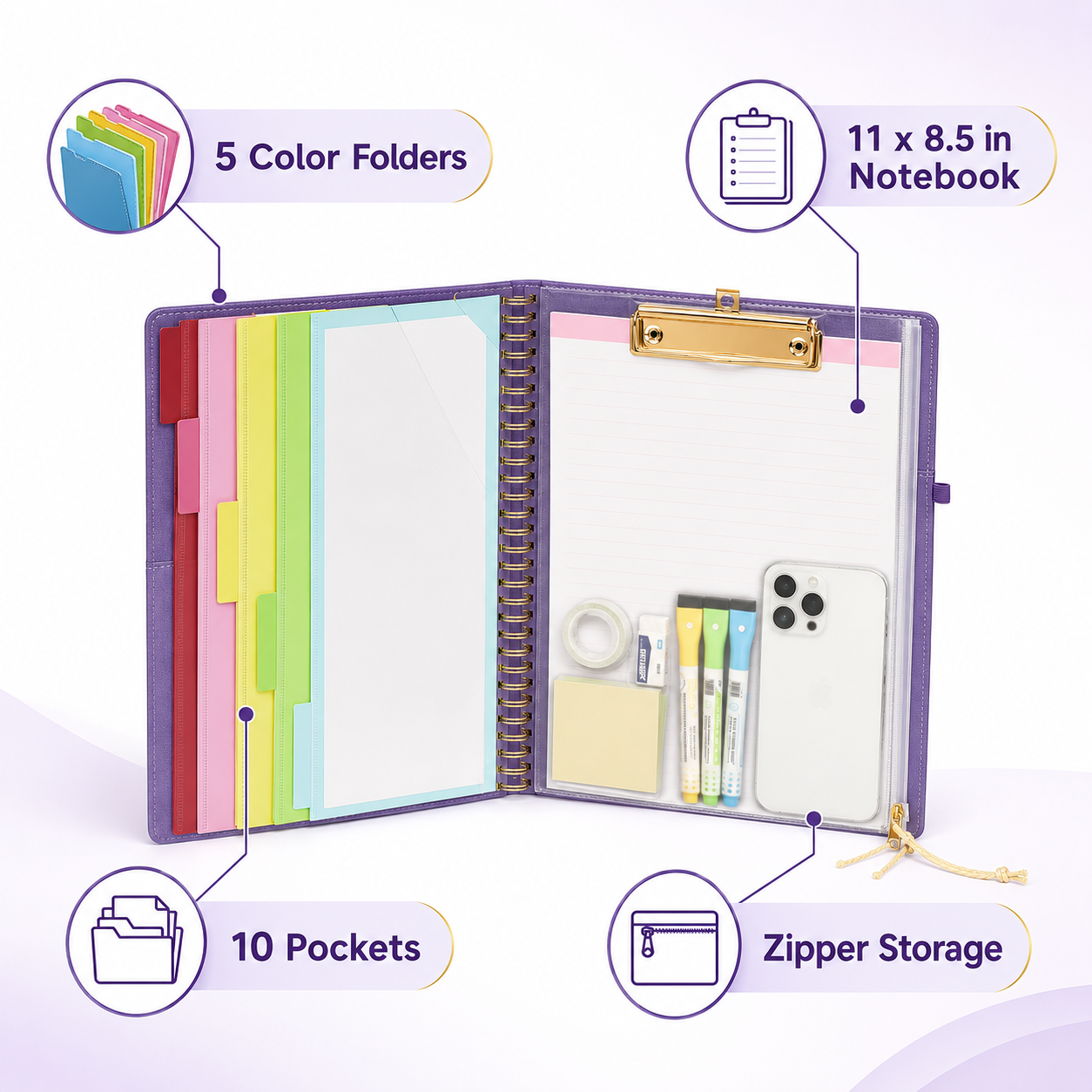 Purple Foldable Clipboard Folio with Pockets and Notepad