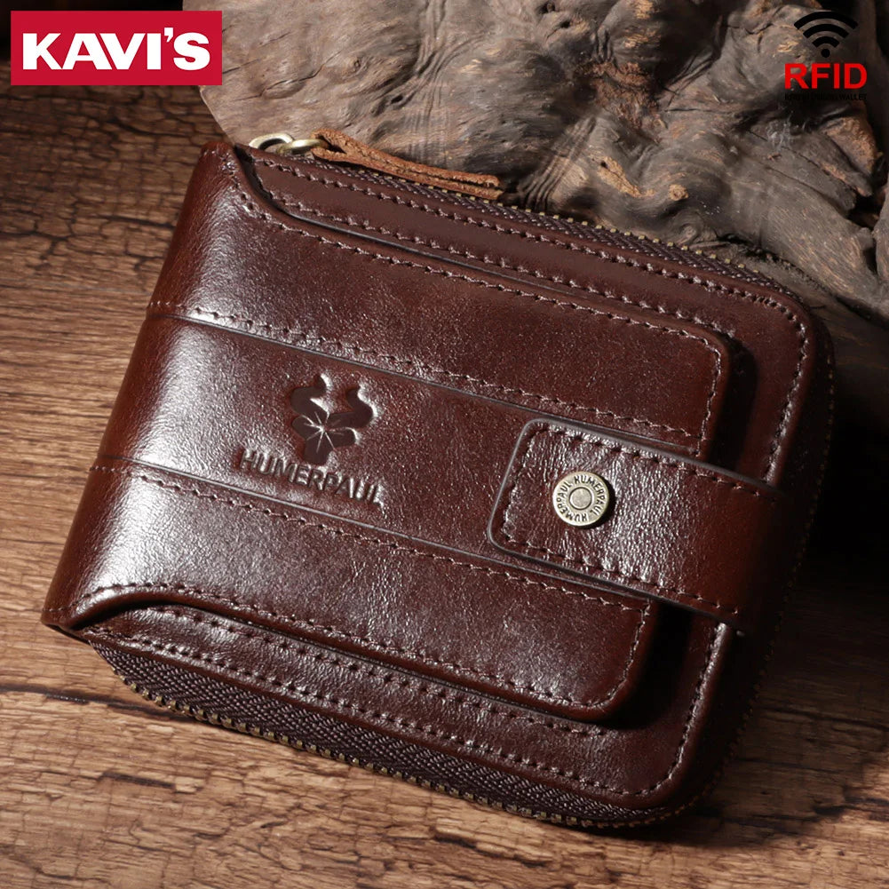 KAVIS Men’s RFID Genuine Leather Wallet – Multifunction Zipper Storage Money Bag with Coin Purse & Card Holder