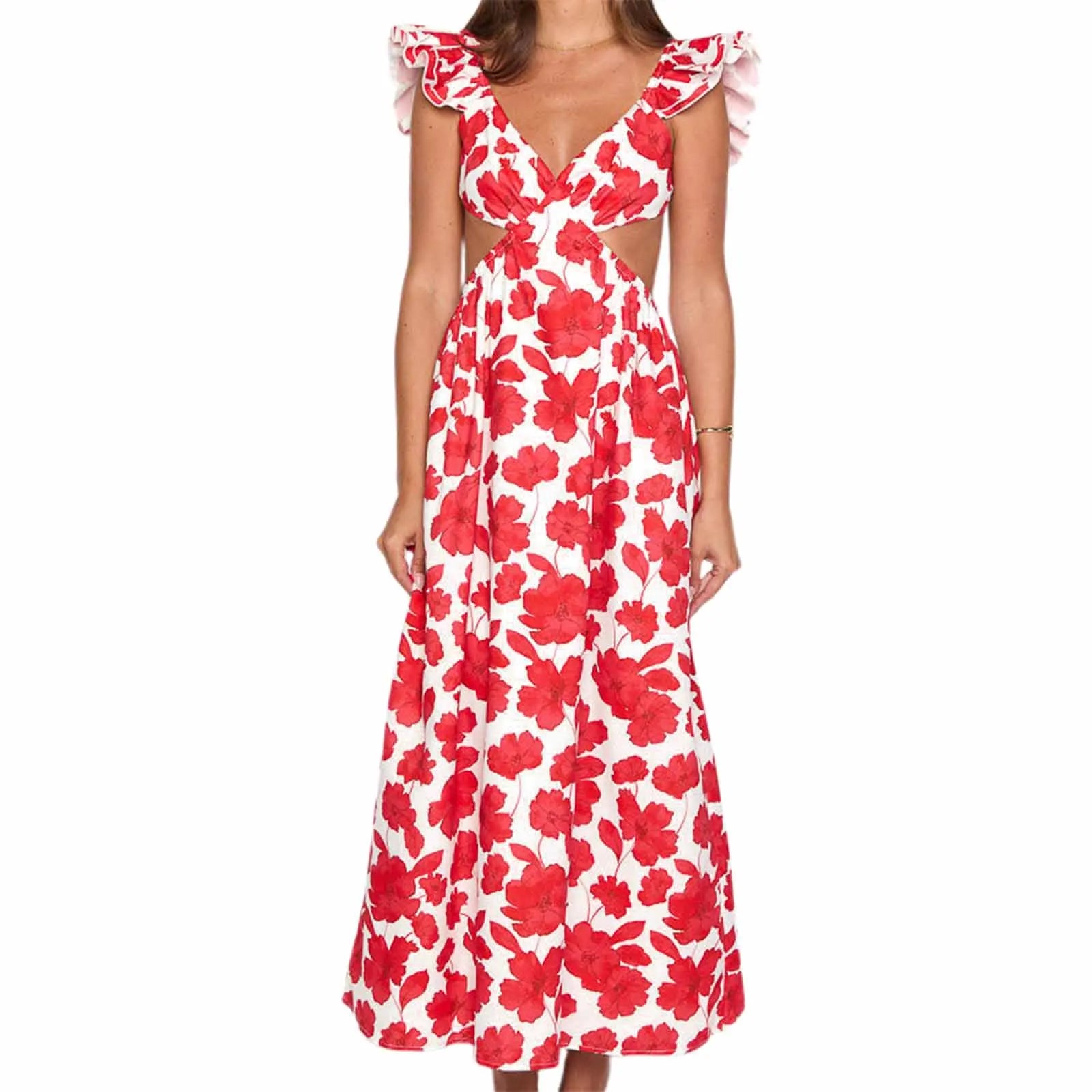 Women’s Off-Shoulder Ruffle Maternity Dress – Empire Waist Knee-Length Summer Pregnancy Outfit with Floral Print