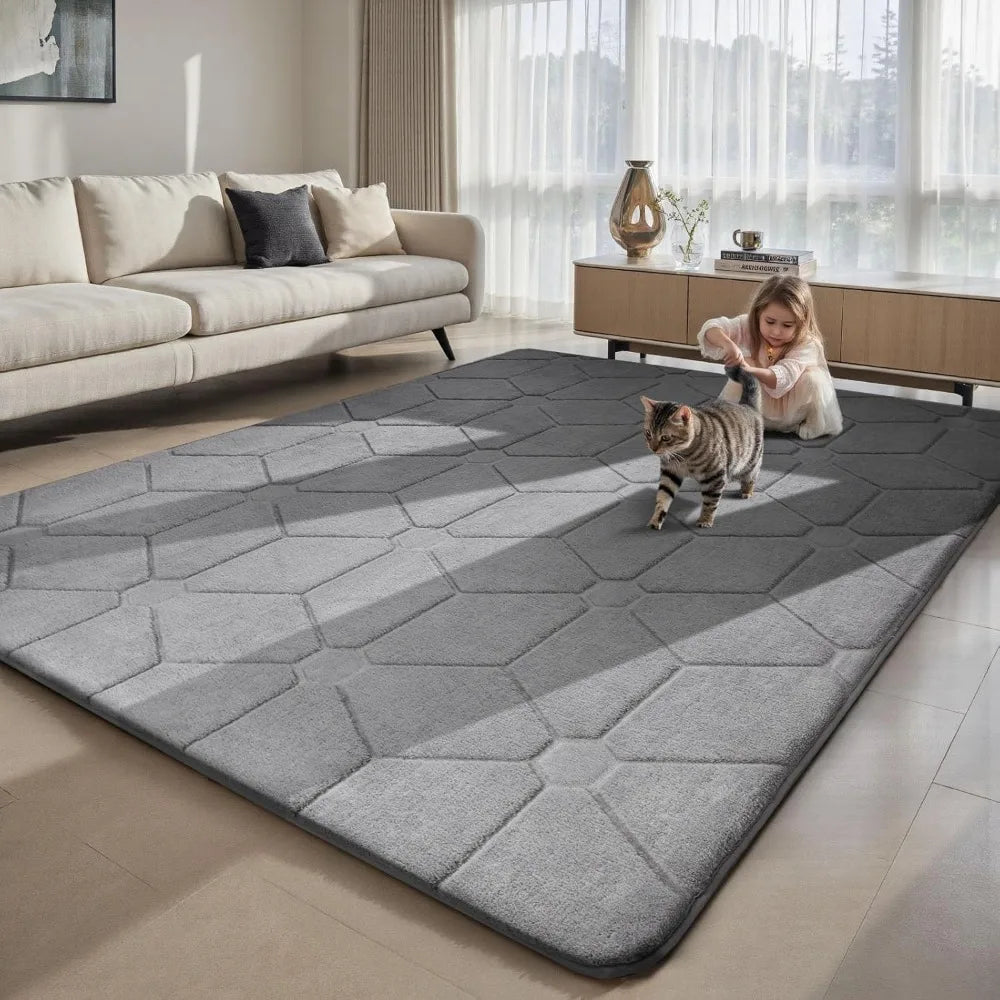 Fluffy Grey Washable Area Rug – 9x12 Soft Large Non-Slip Carpet for Living Room & Bedroom Décor