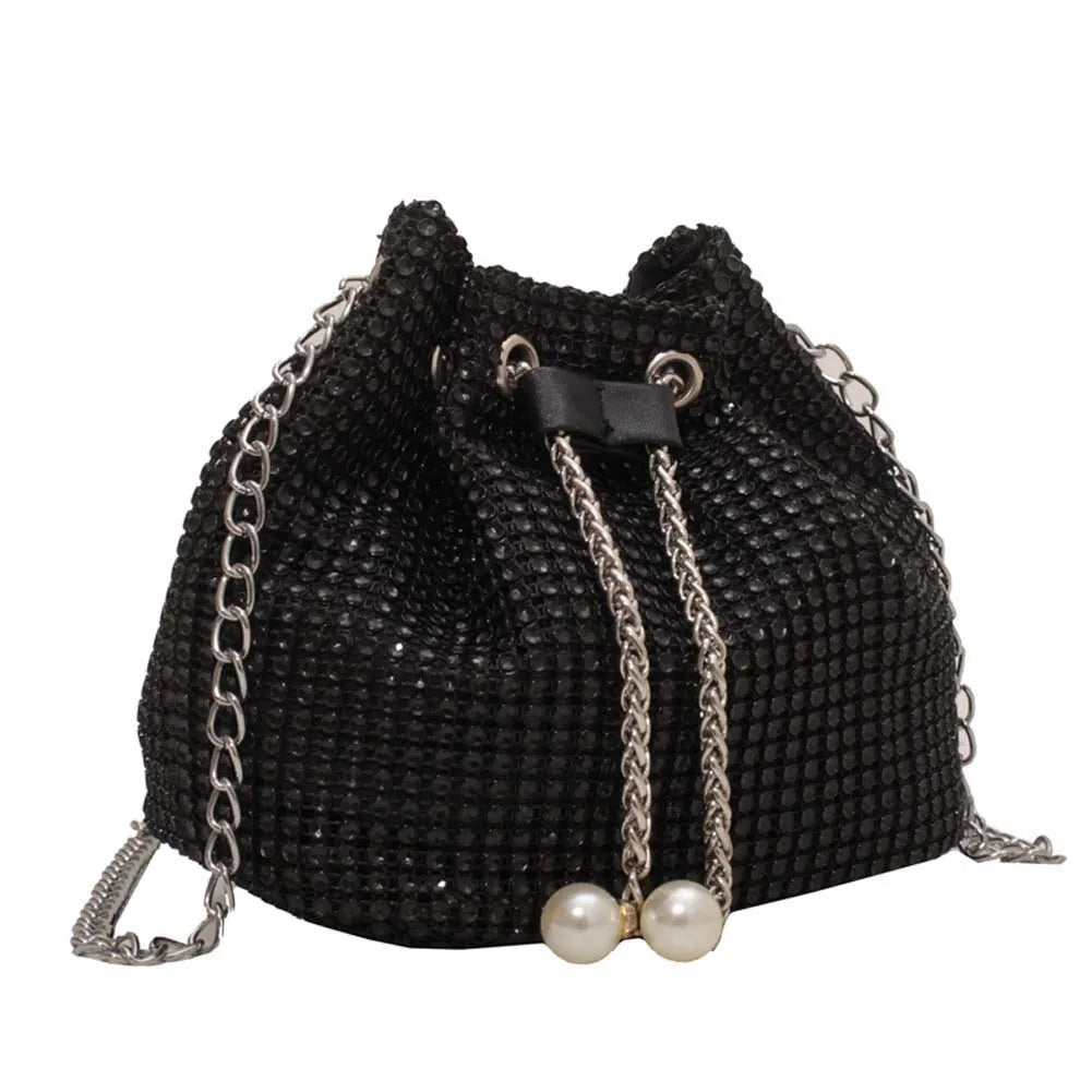 Women’s Luxury Rhinestone Bucket Bag – Glittering Drawstring Shoulder & Crossbody Satchel, Solid Color Fashion Dating Purse
