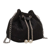 Women’s Luxury Rhinestone Bucket Bag – Glittering Drawstring Shoulder & Crossbody Satchel, Solid Color Fashion Dating Purse