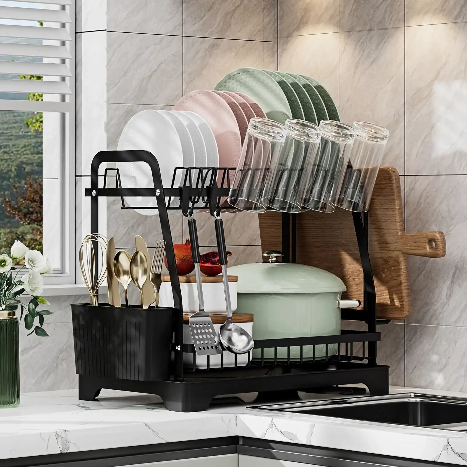 2-Tier Large Dish Drying Rack with Drainboard & Utensil Holders – Kitchen Counter Dish Drainer