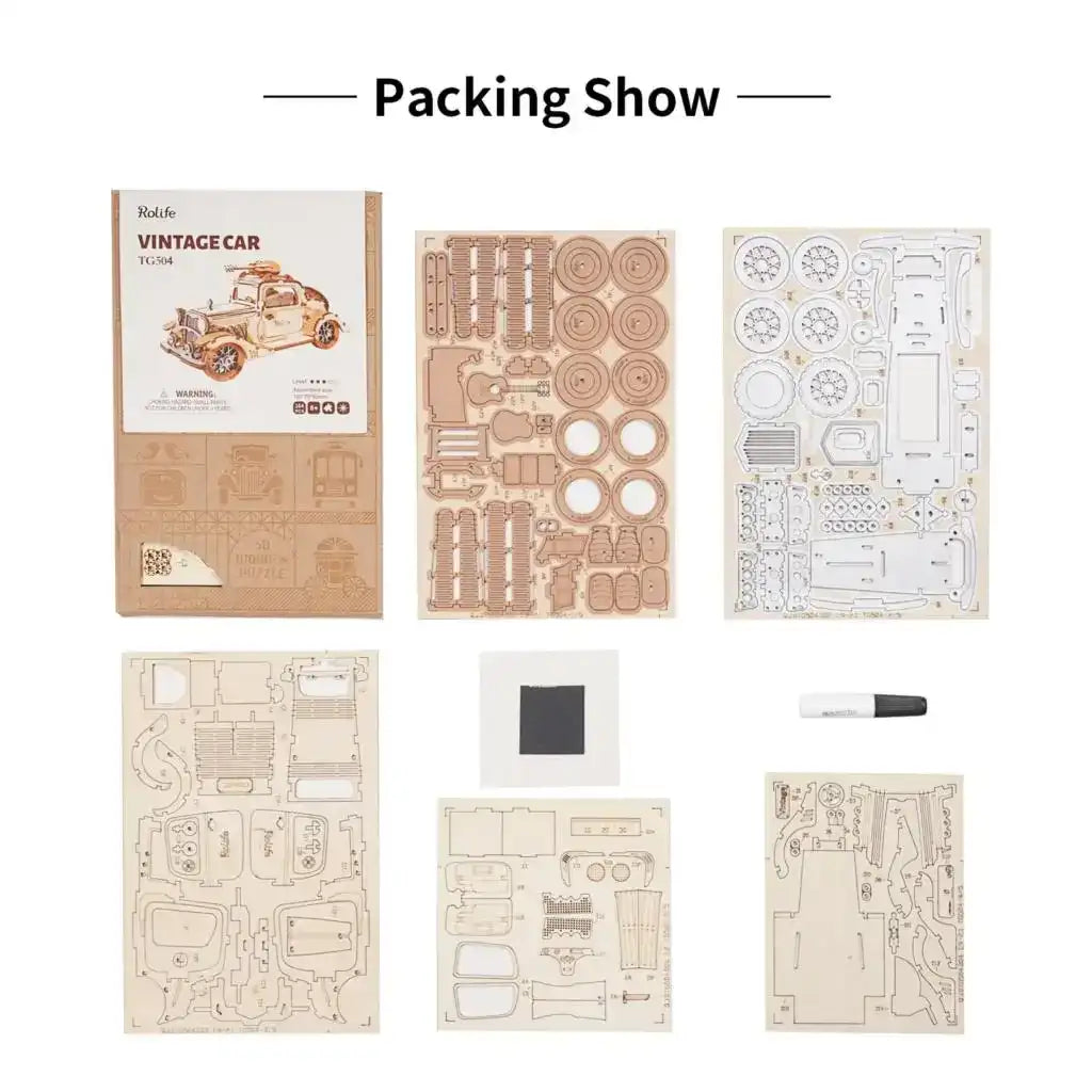 Robotime 3 Kinds DIY 3D Transportation Wooden Model Building Kits – Vintage Car, Tramcar & Carriage Kit (Gift for Children & Adults)